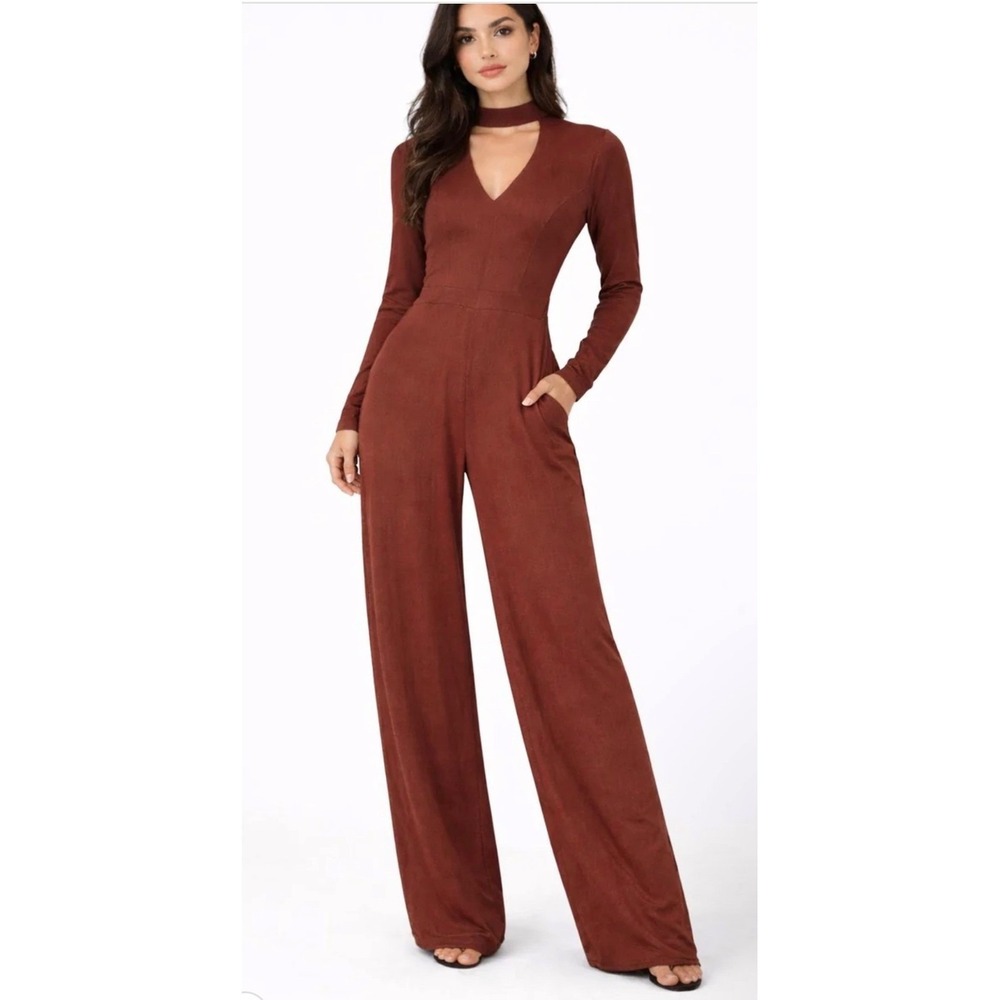 Halara Ribbed Long Sleeve Choker Neck Wide Leg Jumpsuit V-Neck Cutout M NWT
